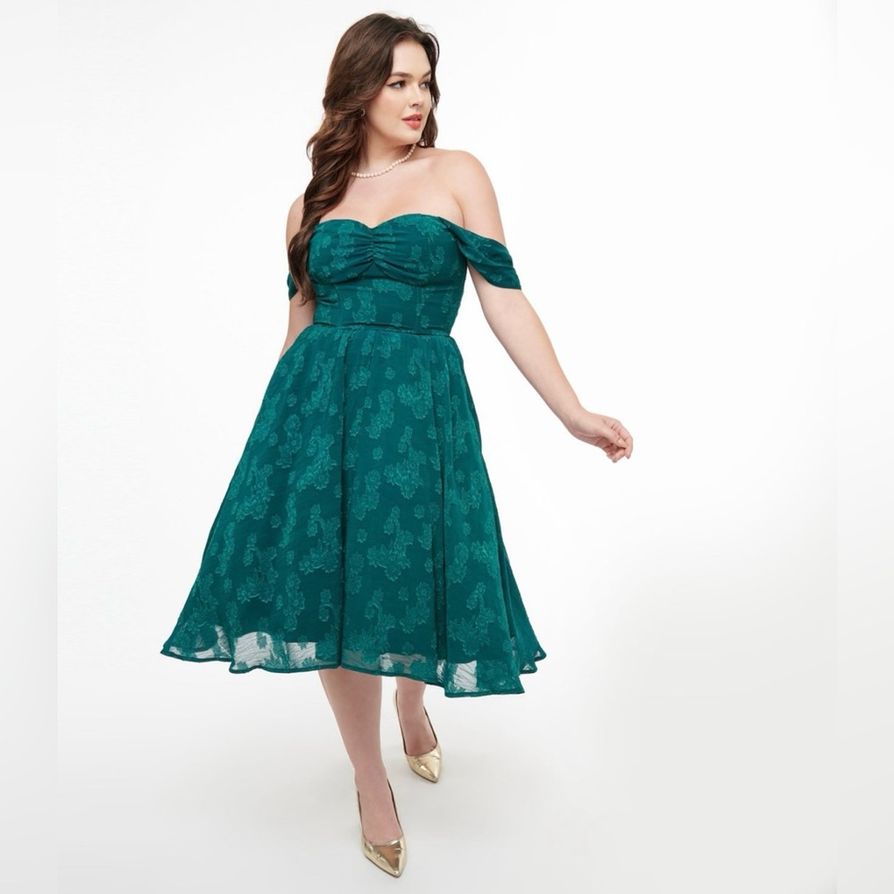 Unique Vintage 1950s Teal Green Jacquard Off Shoulder Flare Dress, Size  XL, NWT - Picture 5 of 15